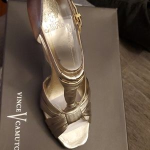 Vince Camuto Metallic Gold T-Strap Peep Toe High Heels